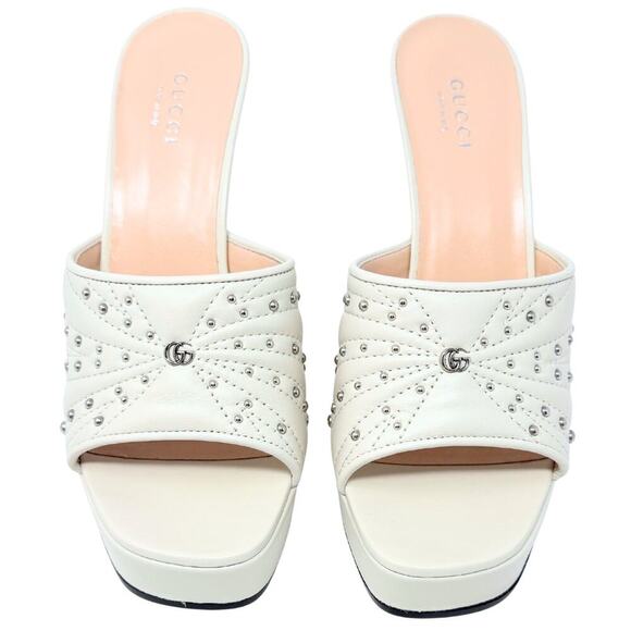 NWT Gucci GG Logo Marmont Platform Heels White Stud Claire Fluted Sandals EU37.5 - Picture 4 of 11